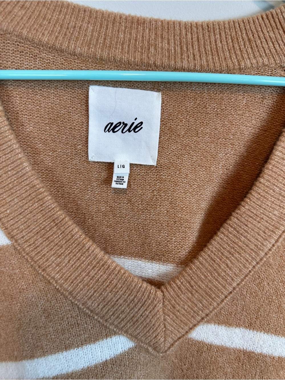 Aerie Oversized V-Neck Striped Sweater Camel White Striped Size L - Picture 5 of 13